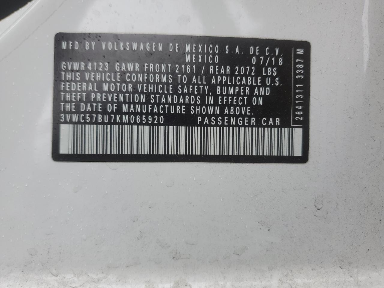 2019 Volkswagen Jetta S VIN: 3VWC57BU7KM065920 Lot: 85541615