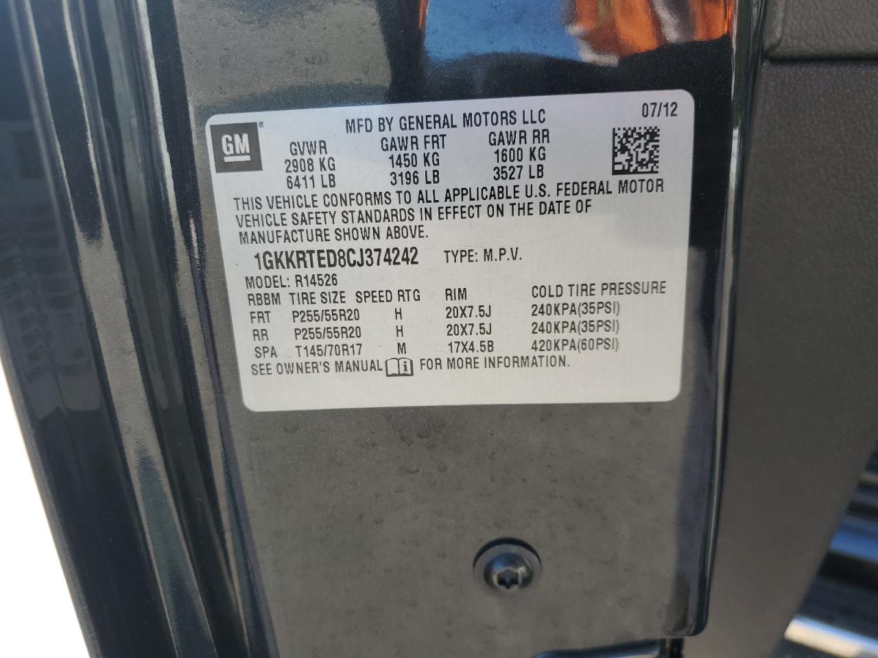 2012 GMC Acadia Denali VIN: 1GKKRTED8CJ374242 Lot: 82699455