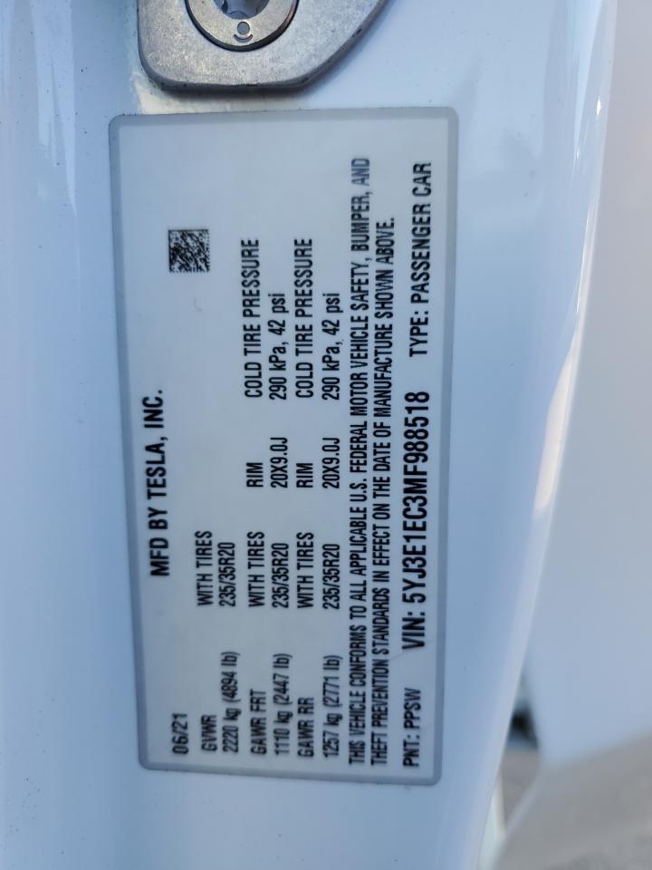 2021 Tesla Model 3 VIN: 5YJ3E1EC3MF988518 Lot: 86864575