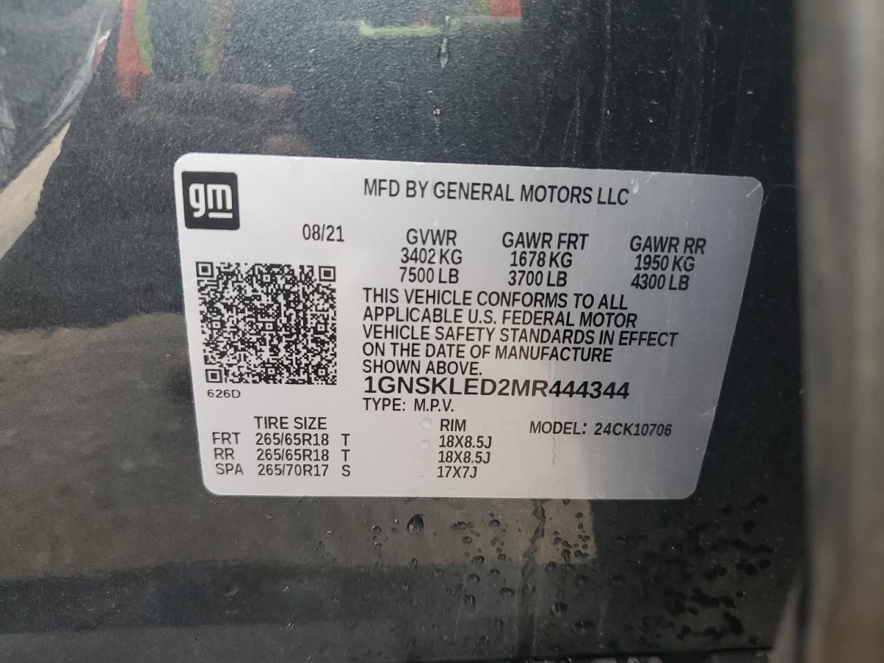 2021 Chevrolet Tahoe K1500 VIN: 1GNSKLED2MR444344 Lot: 85485335