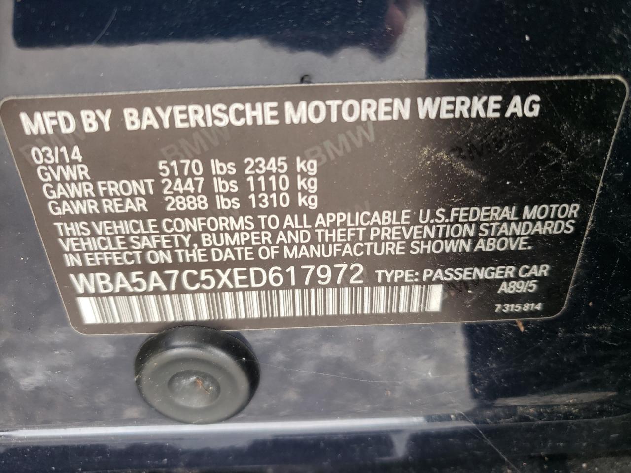 2014 BMW 528 Xi VIN: WBA5A7C5XED617972 Lot: 86471975