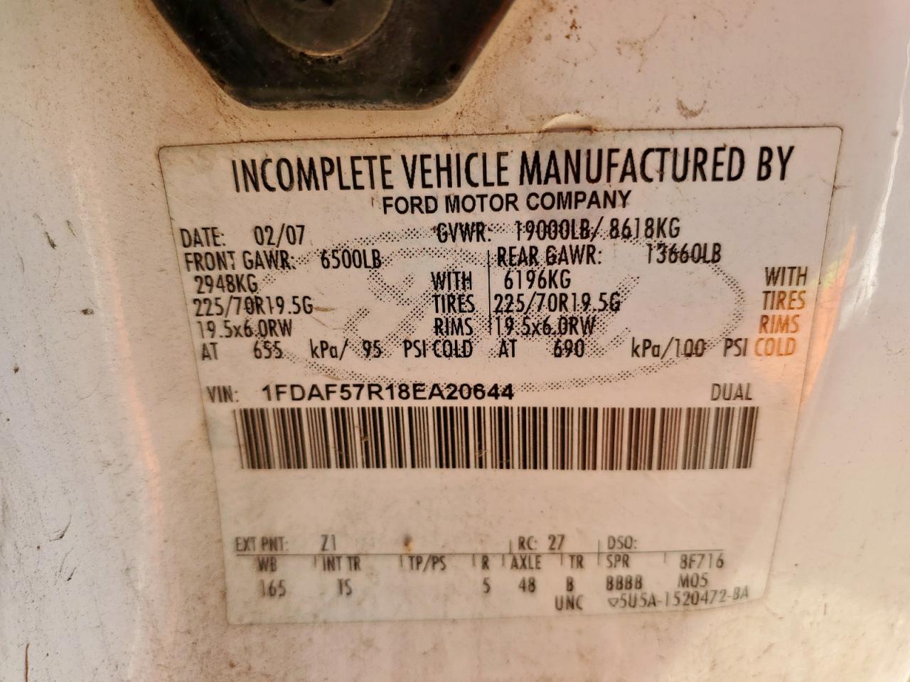 2008 Ford F550 Super Duty VIN: 1FDAF57R18EA20644 Lot: 85336585