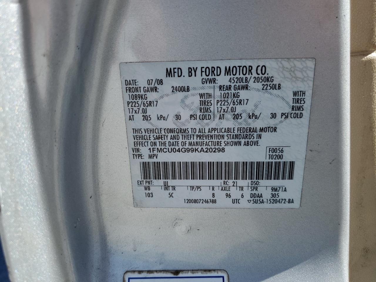 2009 Ford Escape Limited VIN: 1FMCU04G99KA20298 Lot: 86141815