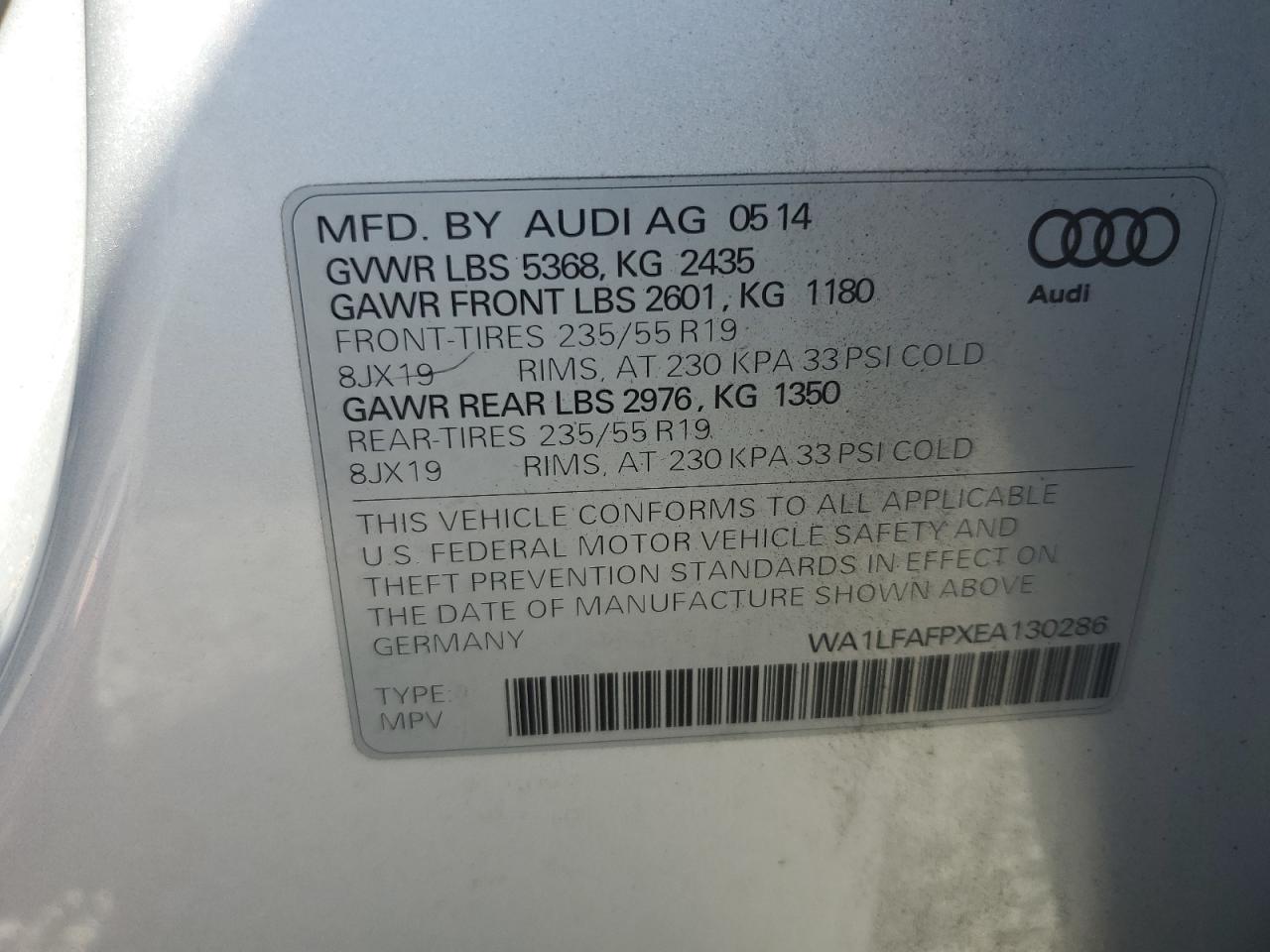 2014 Audi Q5 Premium Plus VIN: WA1LFAFPXEA130286 Lot: 85008565