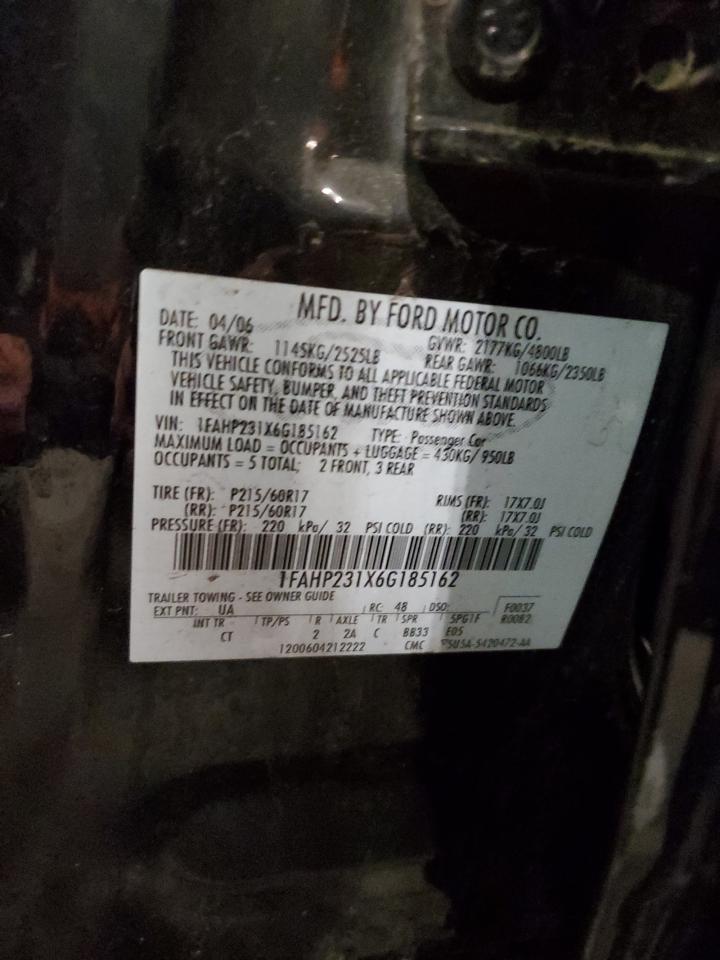 2006 Ford Five Hundred Se VIN: 1FAHP231X6G185162 Lot: 82491355