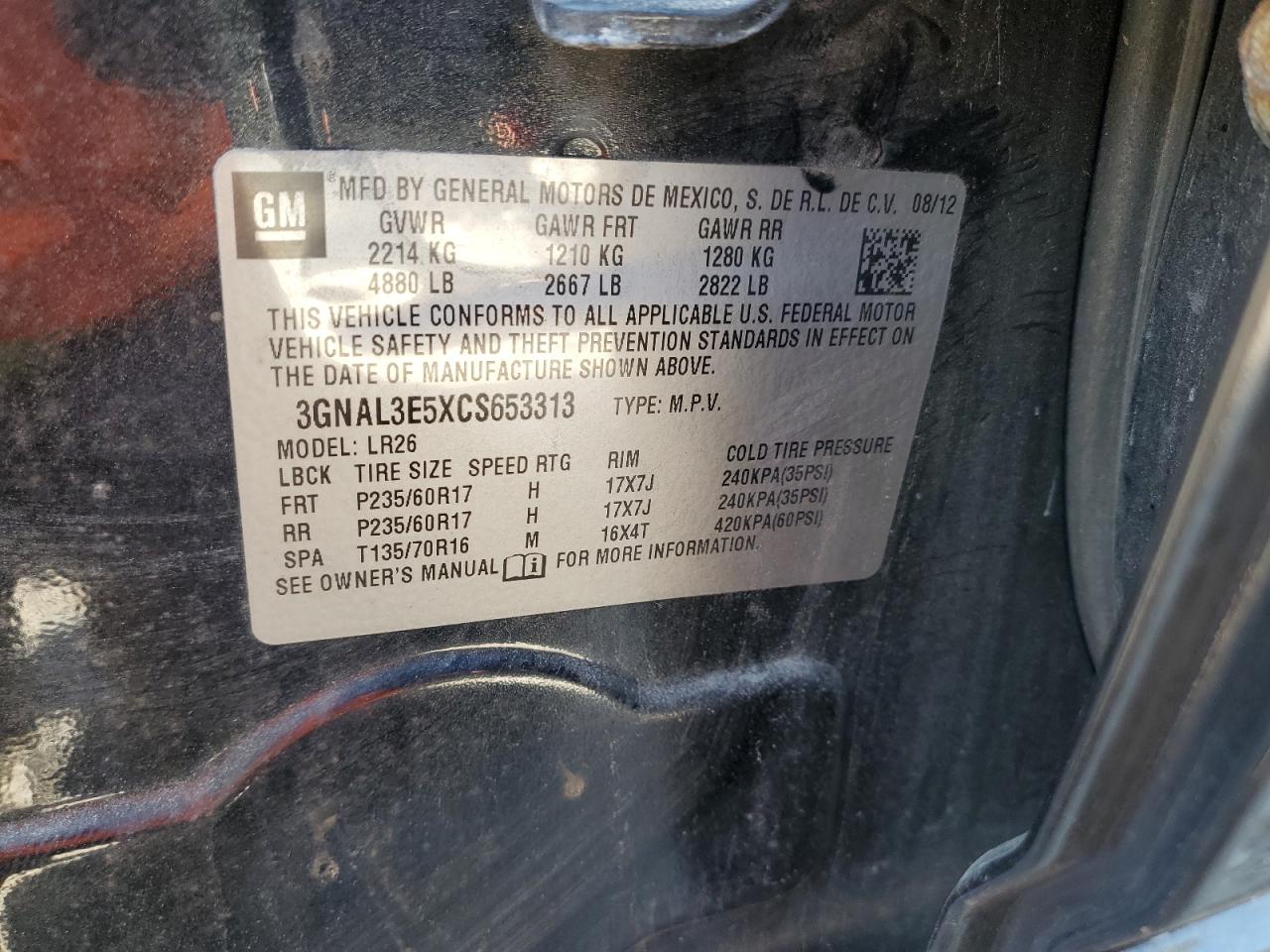 2012 Chevrolet Captiva Sport VIN: 3GNAL3E5XCS653313 Lot: 82512895