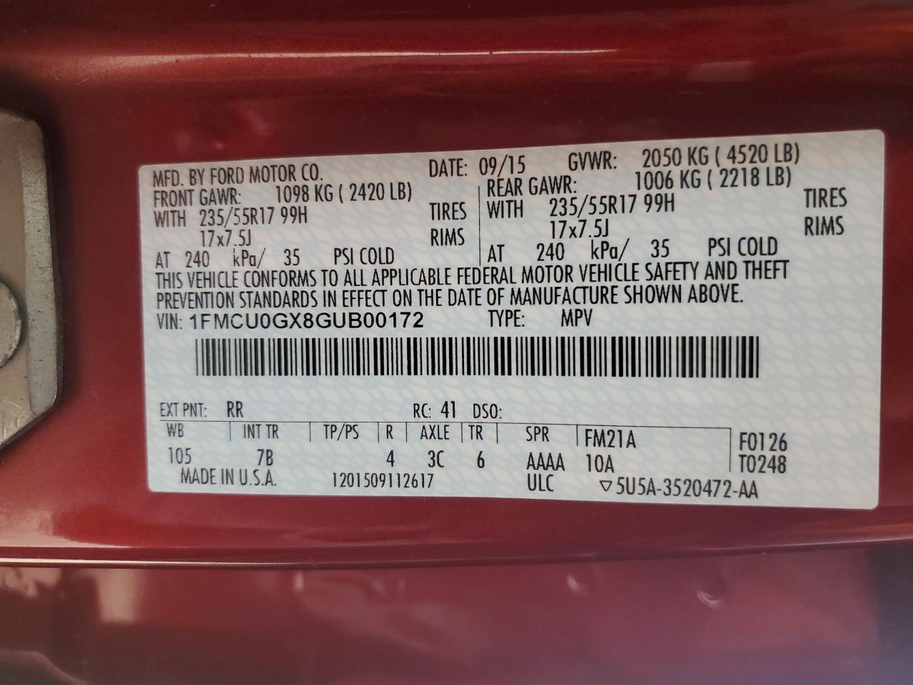 2016 Ford Escape Se VIN: 1FMCU0GX8GUB00172 Lot: 87049855