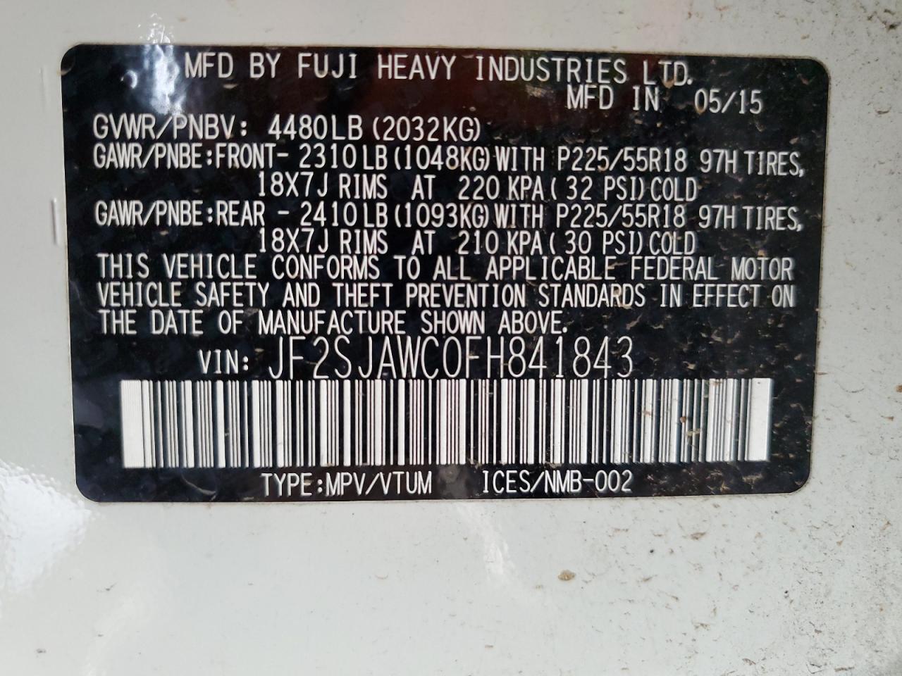 2015 Subaru Forester 2.5I Touring VIN: JF2SJAWC0FH841843 Lot: 82286335