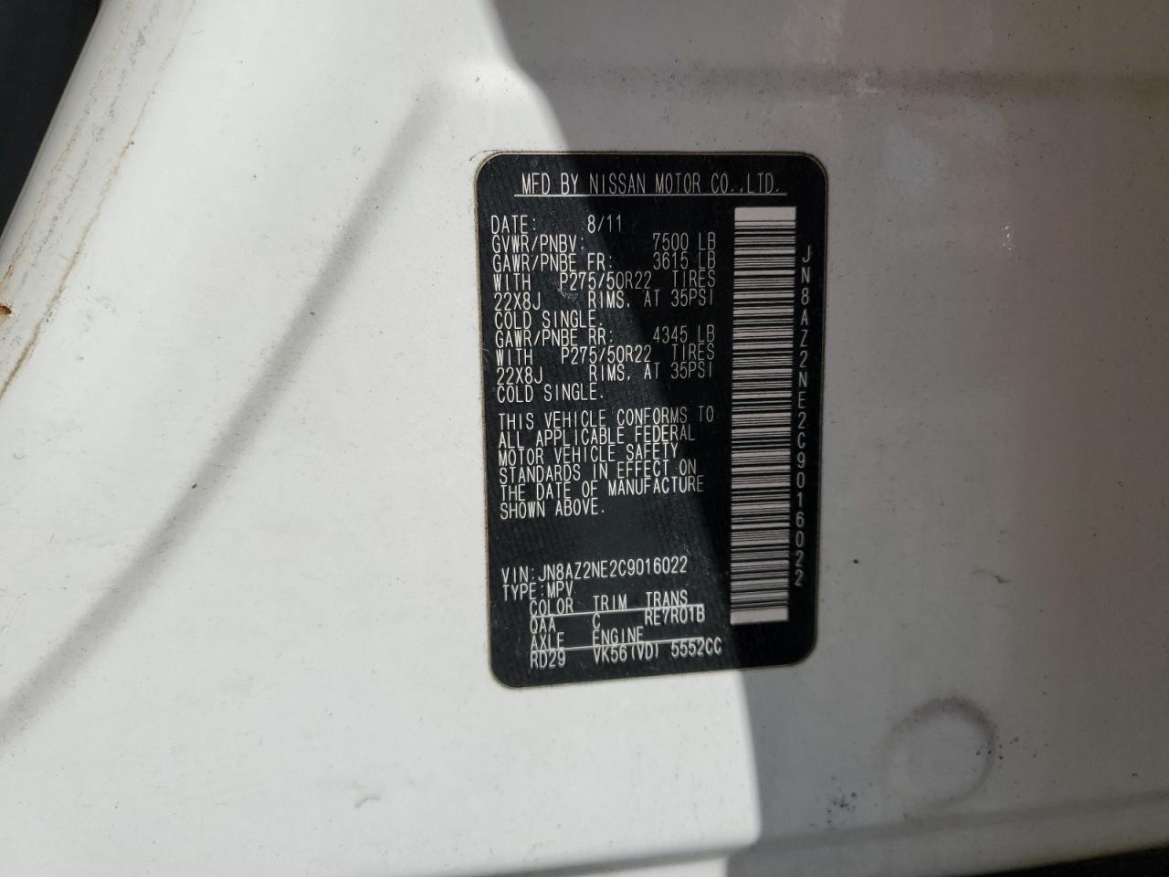 2012 Infiniti Qx56 VIN: JN8AZ2NE2C9016022 Lot: 87084315