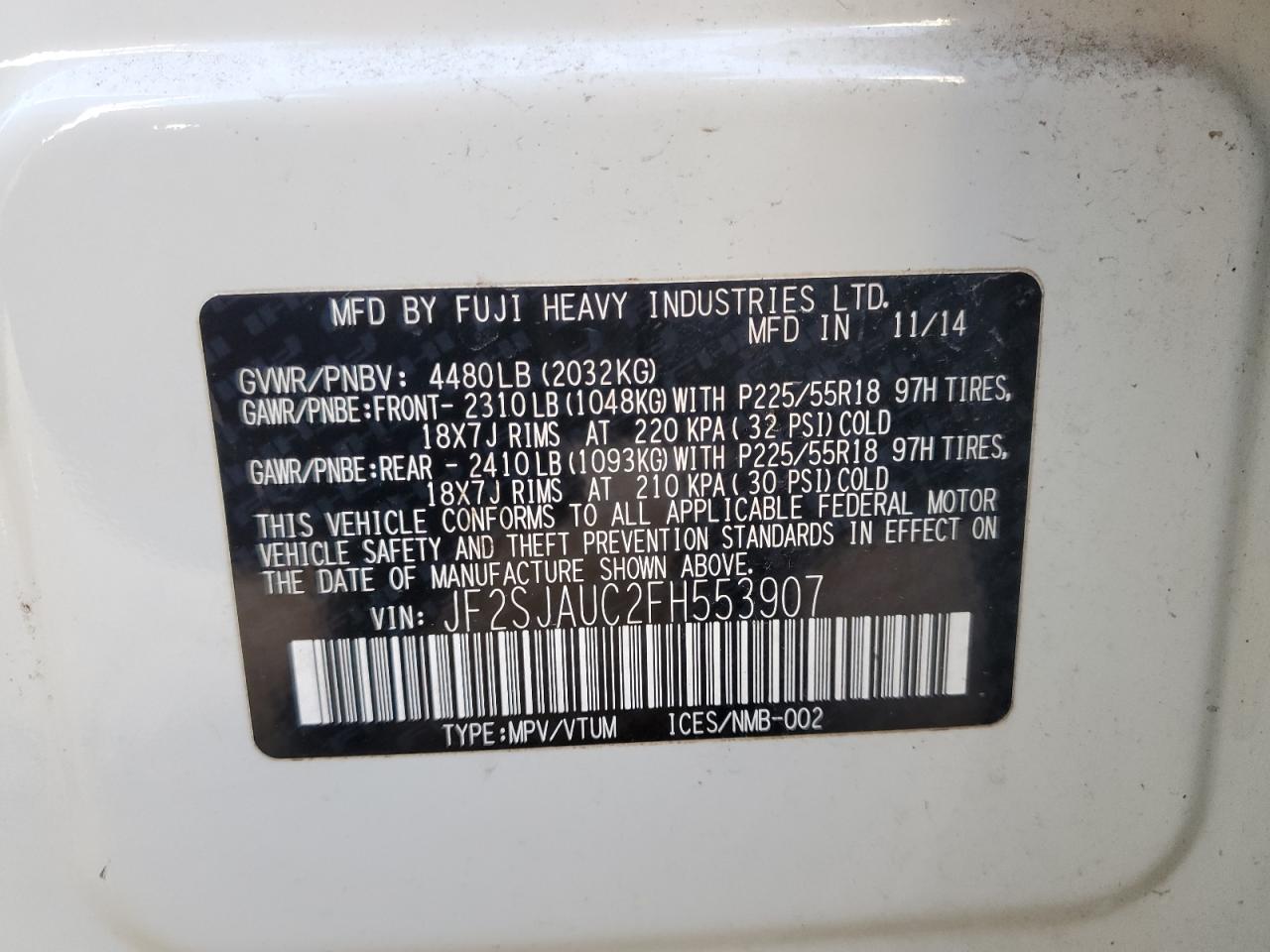 2015 Subaru Forester 2.5I Touring VIN: JF2SJAUC2FH553907 Lot: 86879175