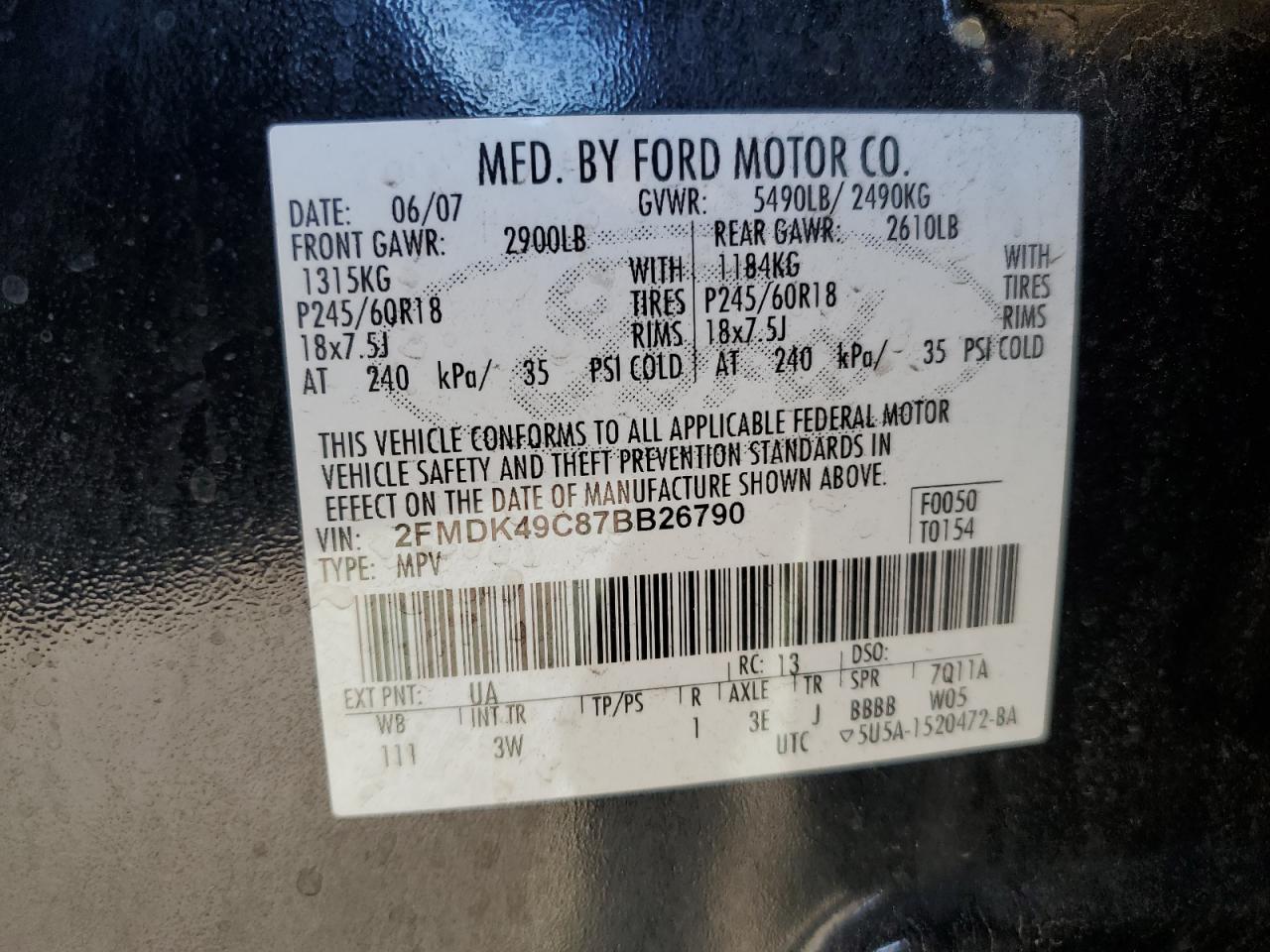 2007 Ford Edge Sel Plus VIN: 2FMDK49C87BB26790 Lot: 86538105