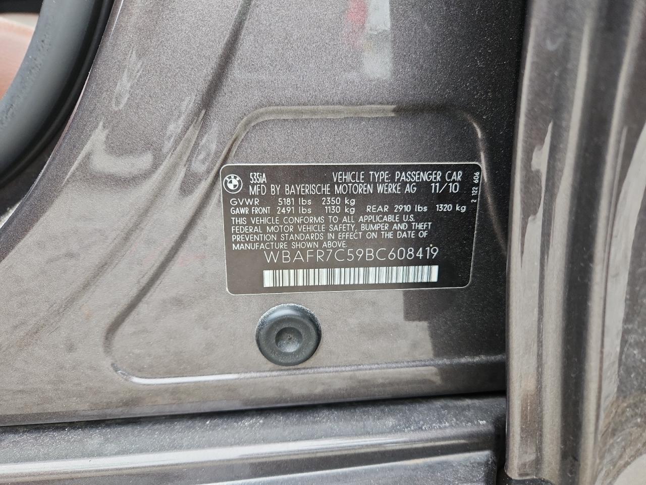 2011 BMW 535 I VIN: WBAFR7C59BC608419 Lot: 85302305