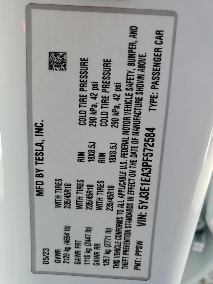 2023 Tesla Model 3 VIN: 5YJ3E1EA3PF572584 Lot: 89469595