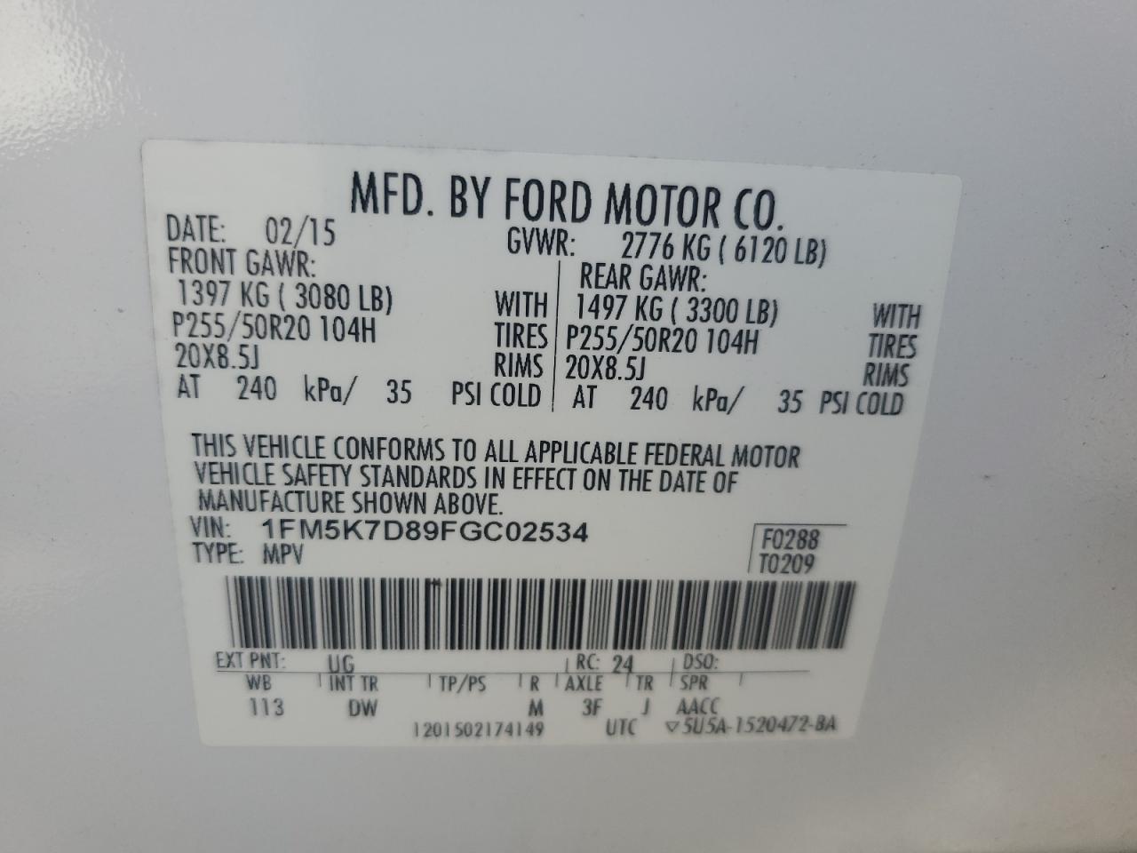 2015 Ford Explorer Xlt VIN: 1FM5K7D89FGC02534 Lot: 84613045