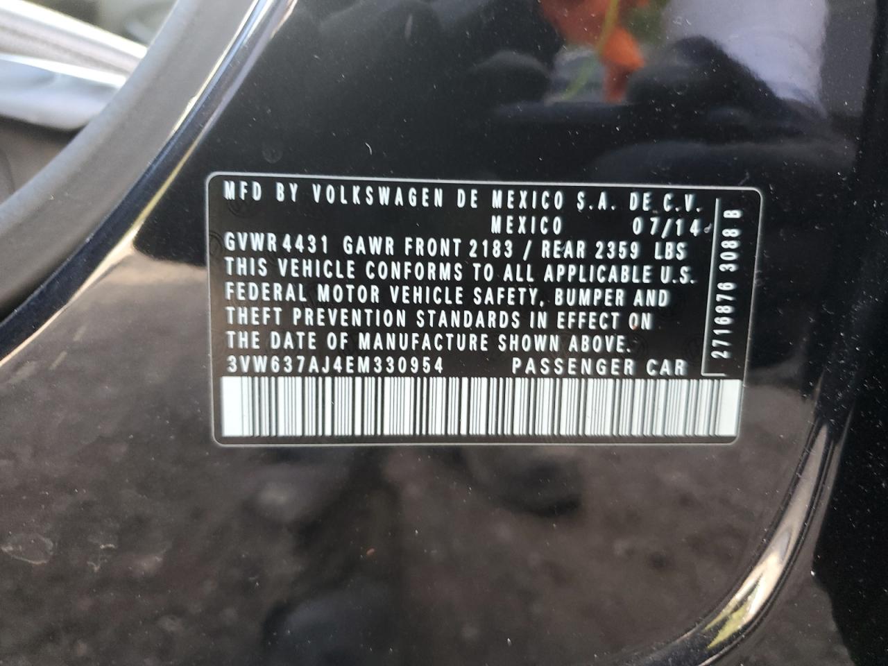 2014 Volkswagen Jetta Hybrid VIN: 3VW637AJ4EM330954 Lot: 85265505