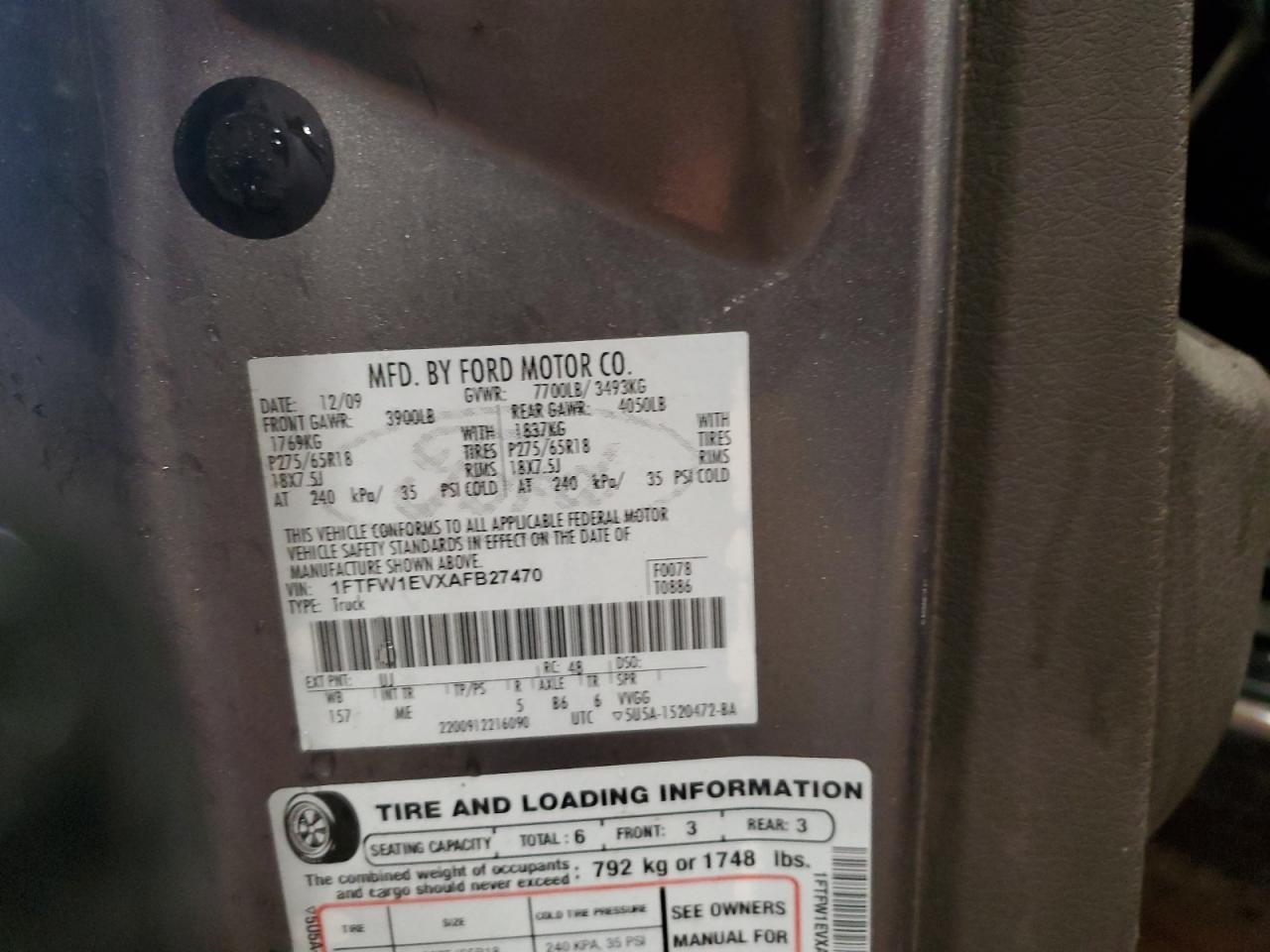 2010 Ford F150 Supercrew VIN: 1FTFW1EVXAFB27470 Lot: 82597805