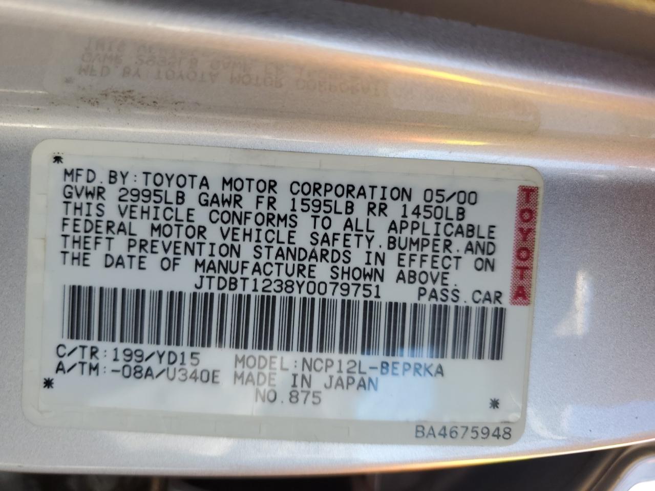 2000 Toyota Echo VIN: JTDBT1238Y0079751 Lot: 84866895