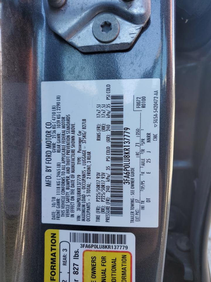 2019 Ford Fusion Se VIN: 3FA6P0LU8KR137779 Lot: 81839965