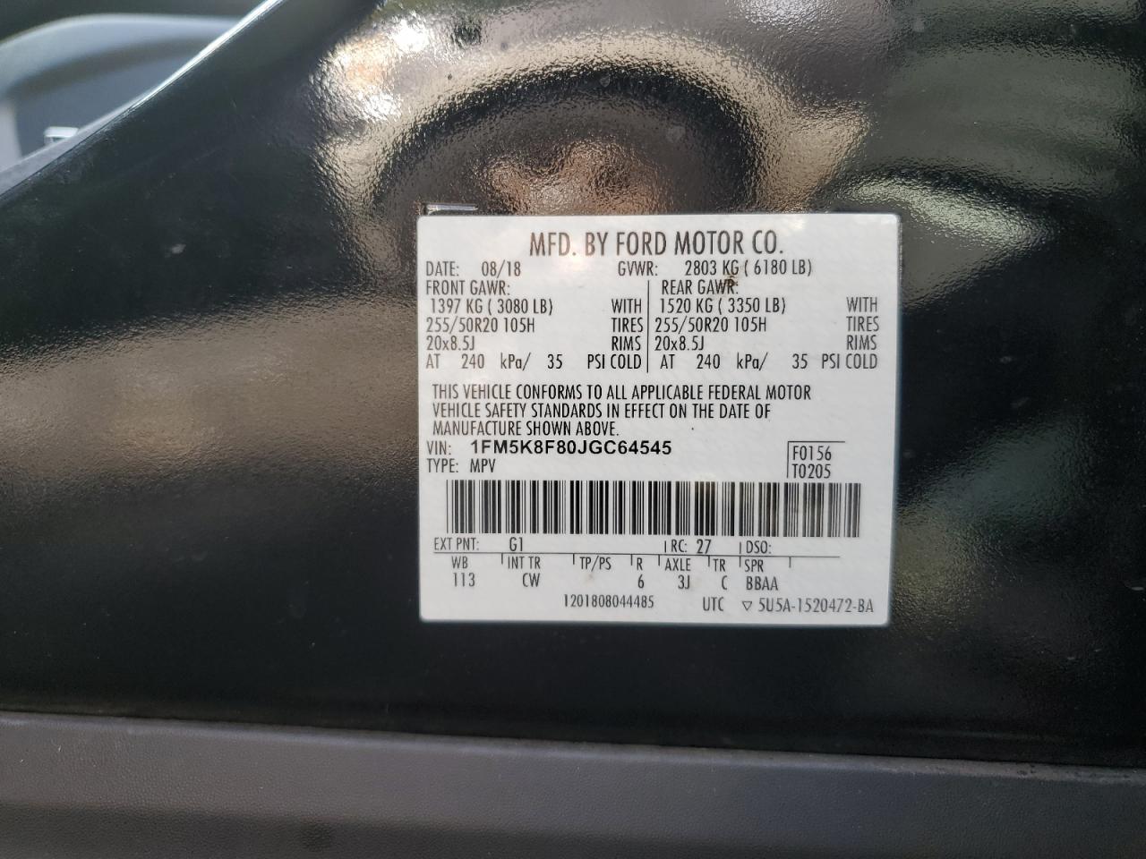 2018 Ford Explorer Limited VIN: 1FM5K8F80JGC64545 Lot: 82271405