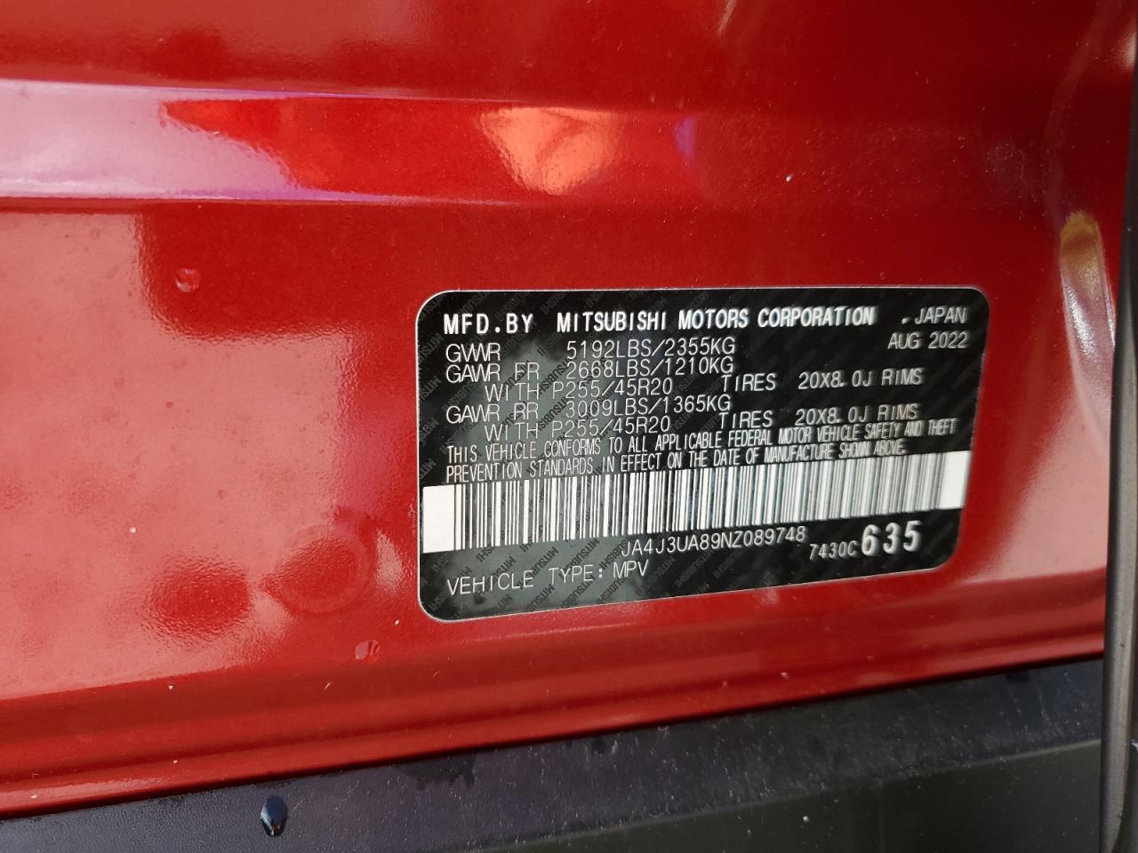 2022 Mitsubishi Outlander Se VIN: JA4J3UA89NZ089748 Lot: 84996745