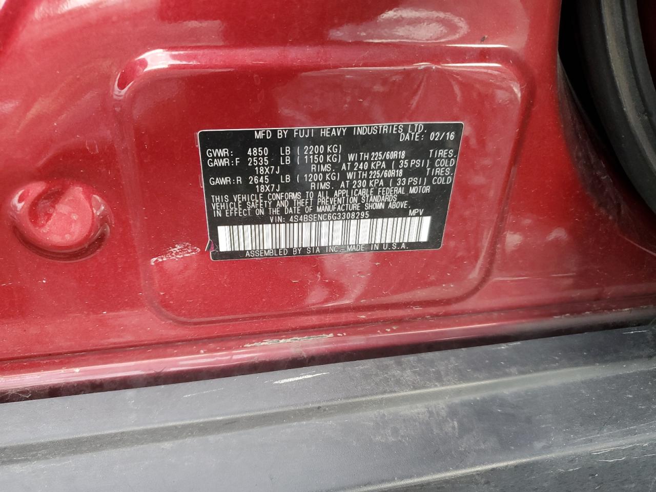 2016 Subaru Outback 3.6R Limited VIN: 4S4BSENC6G3308295 Lot: 85754085