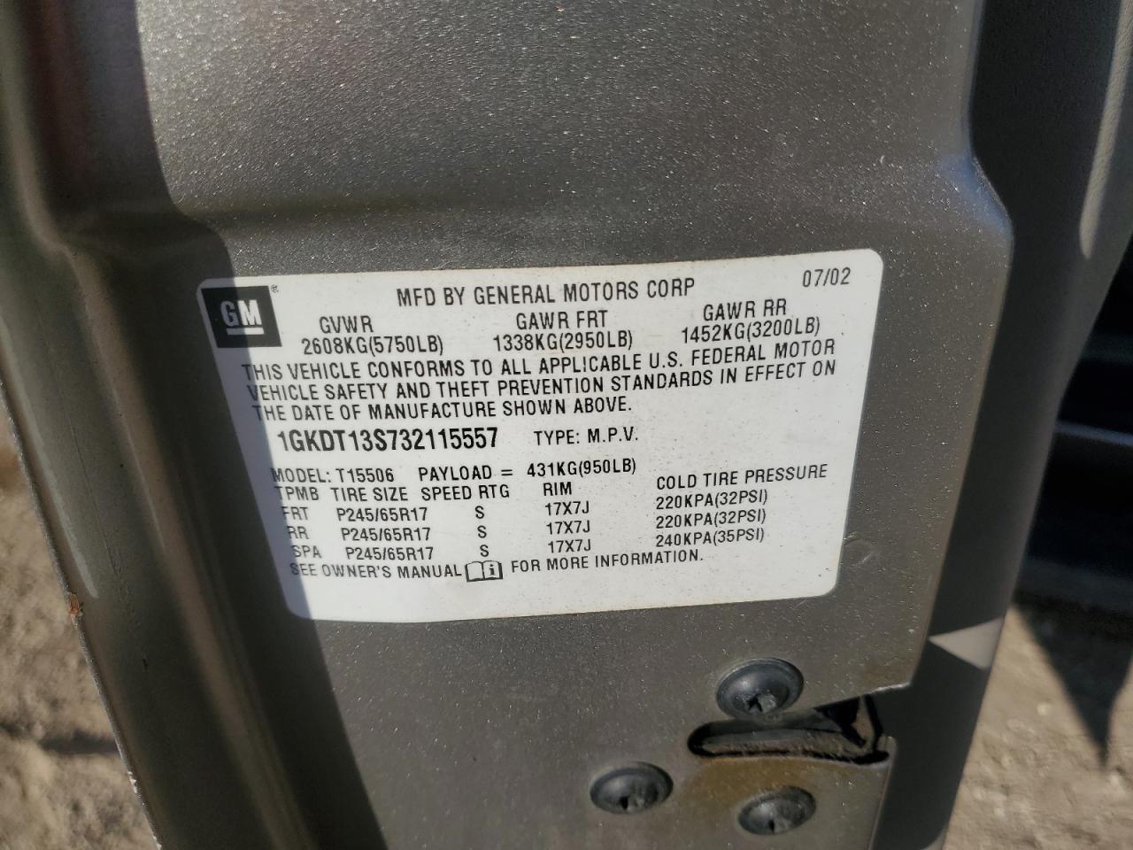 2003 GMC Envoy VIN: 1GKDT13S732115557 Lot: 89726025