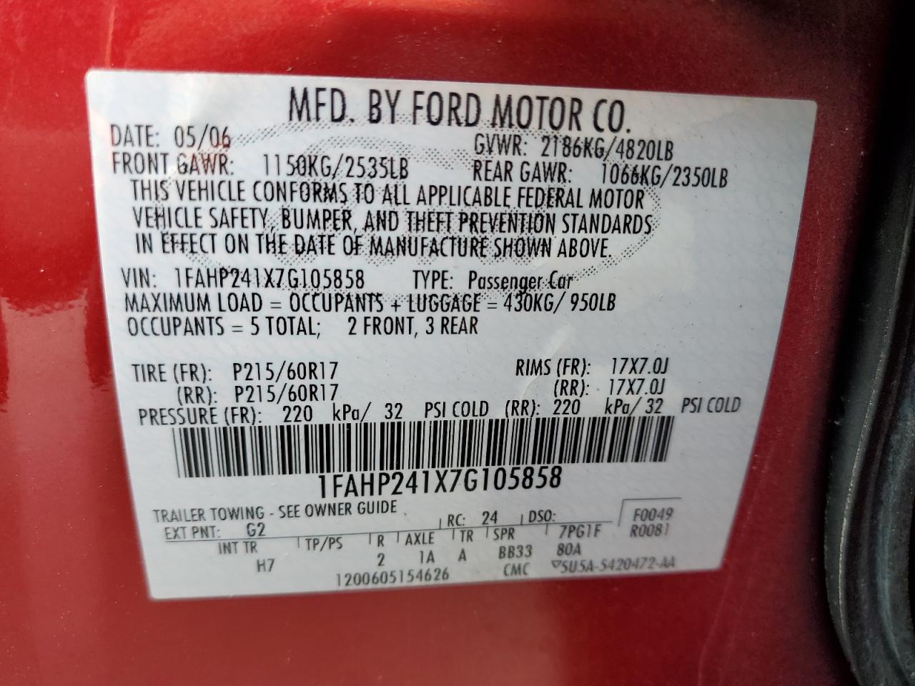 2007 Ford Five Hundred Sel VIN: 1FAHP241X7G105858 Lot: 81848445