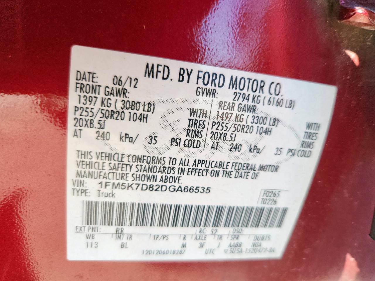 2013 Ford Explorer Xlt VIN: 1FM5K7D82DGA66535 Lot: 82442345