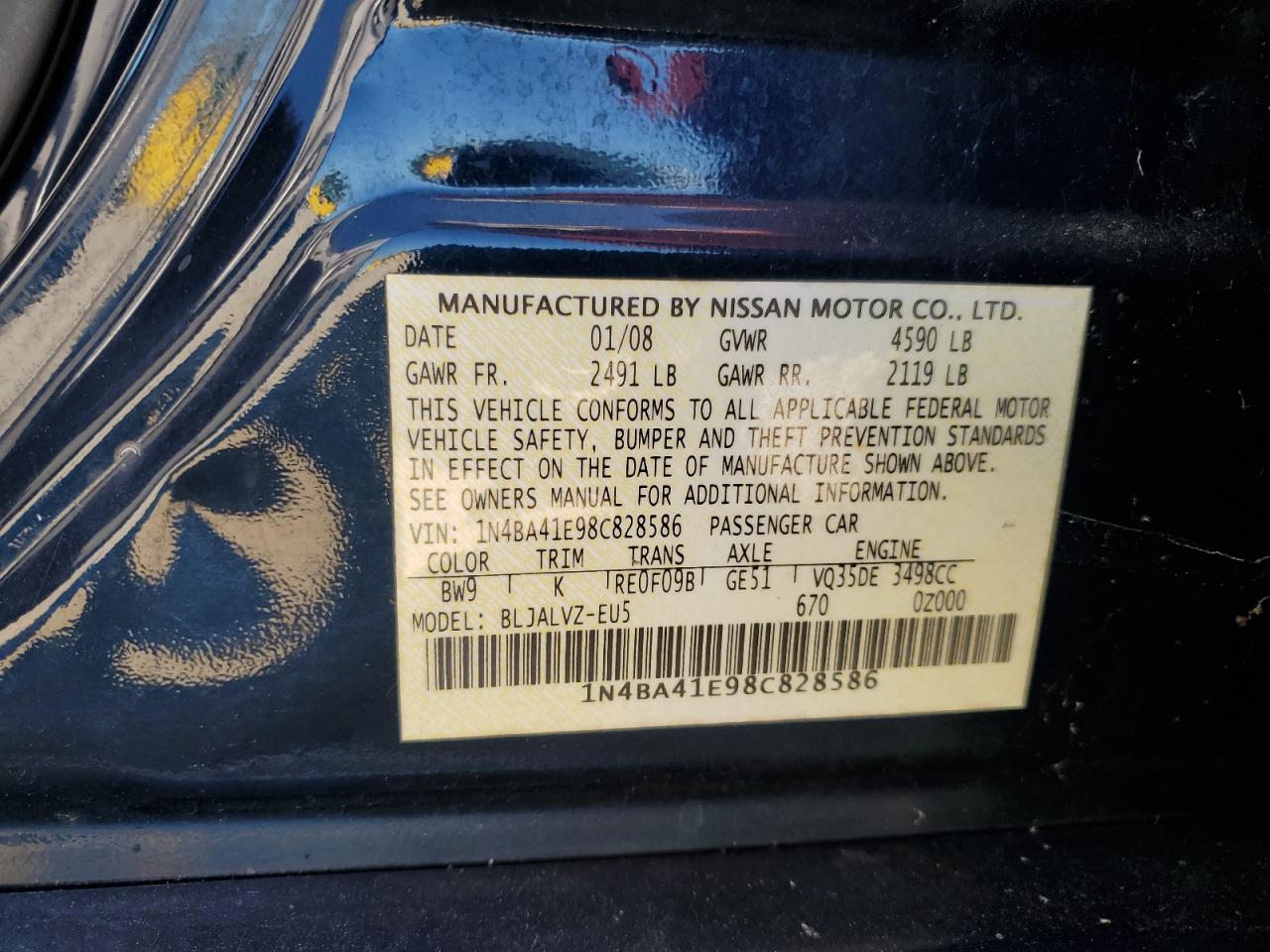 2008 Nissan Maxima Se VIN: 1N4BA41E98C828586 Lot: 86515745