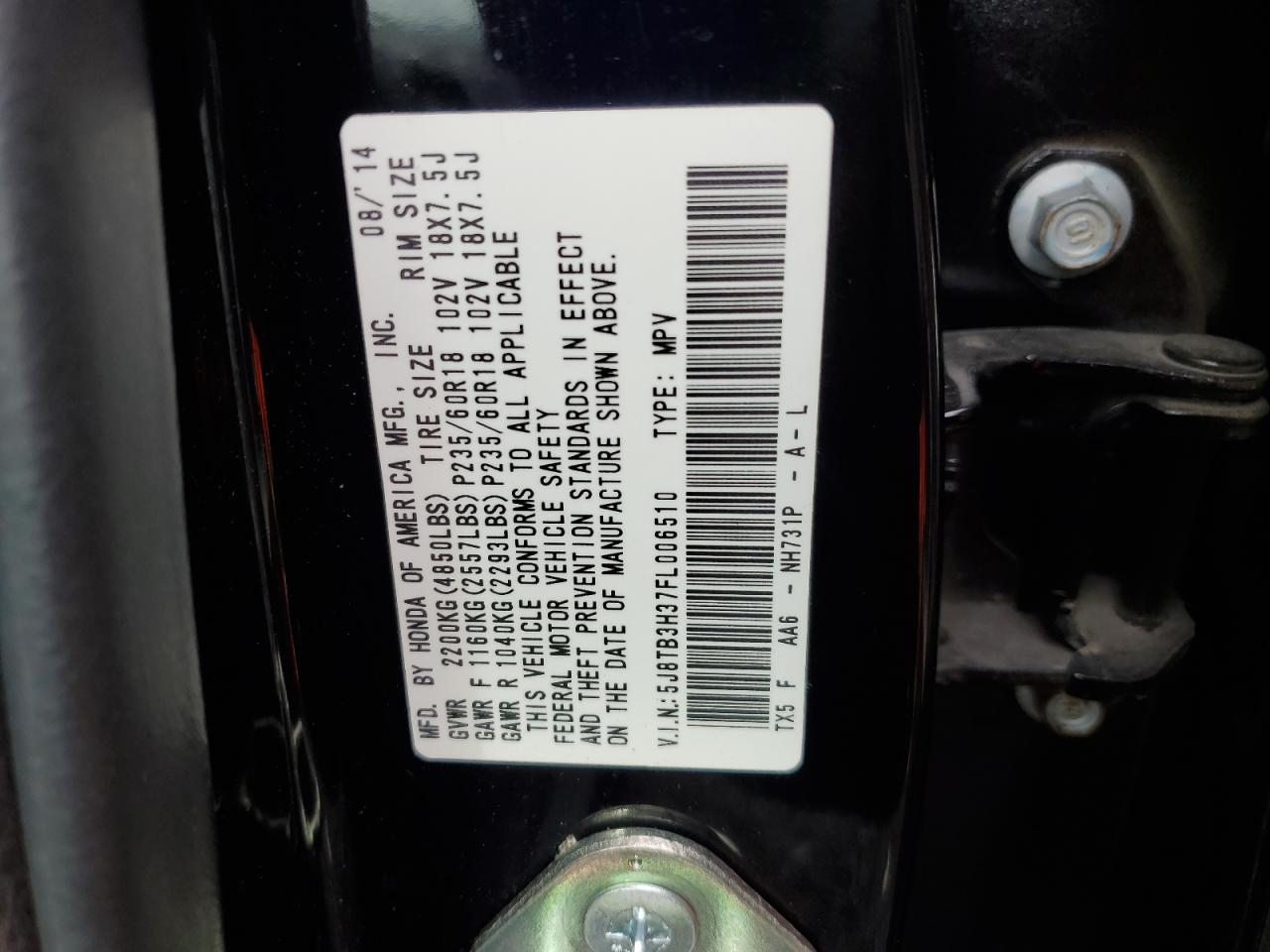 2015 Acura Rdx VIN: 5J8TB3H37FL006510 Lot: 85360255