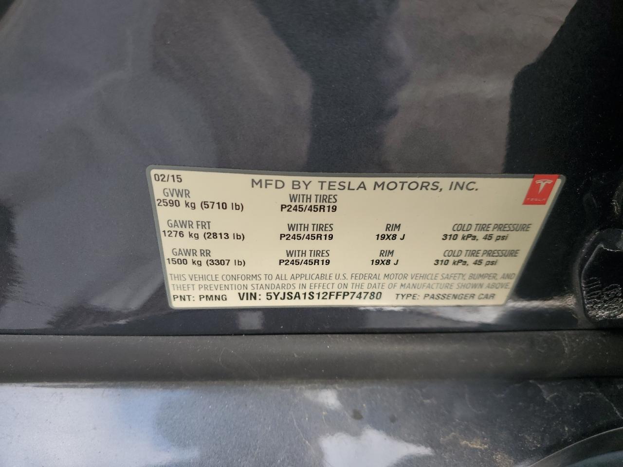 2015 Tesla Model S 60 VIN: 5YJSA1S12FFP74780 Lot: 82410525