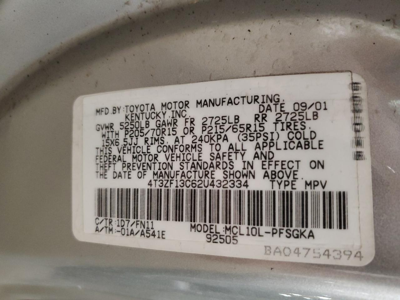 2002 Toyota Sienna Le VIN: 4T3ZF13C62U432334 Lot: 87080025