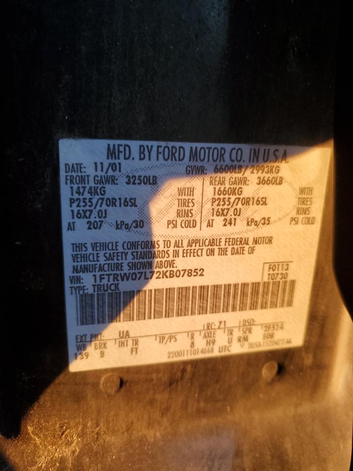 2002 Ford F150 Supercrew VIN: 1FTRW07L72KB07852 Lot: 87215005