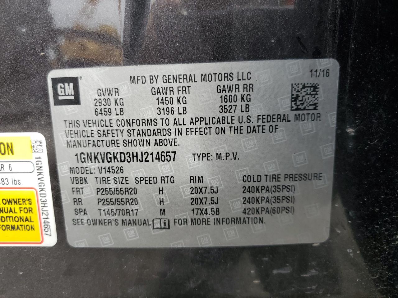 2017 Chevrolet Traverse Lt VIN: 1GNKVGKD3HJ214657 Lot: 82448955