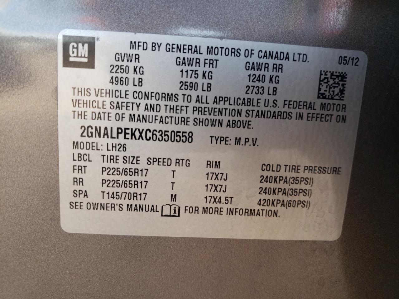 2012 Chevrolet Equinox Lt VIN: 2GNALPEKXC6350558 Lot: 84876155