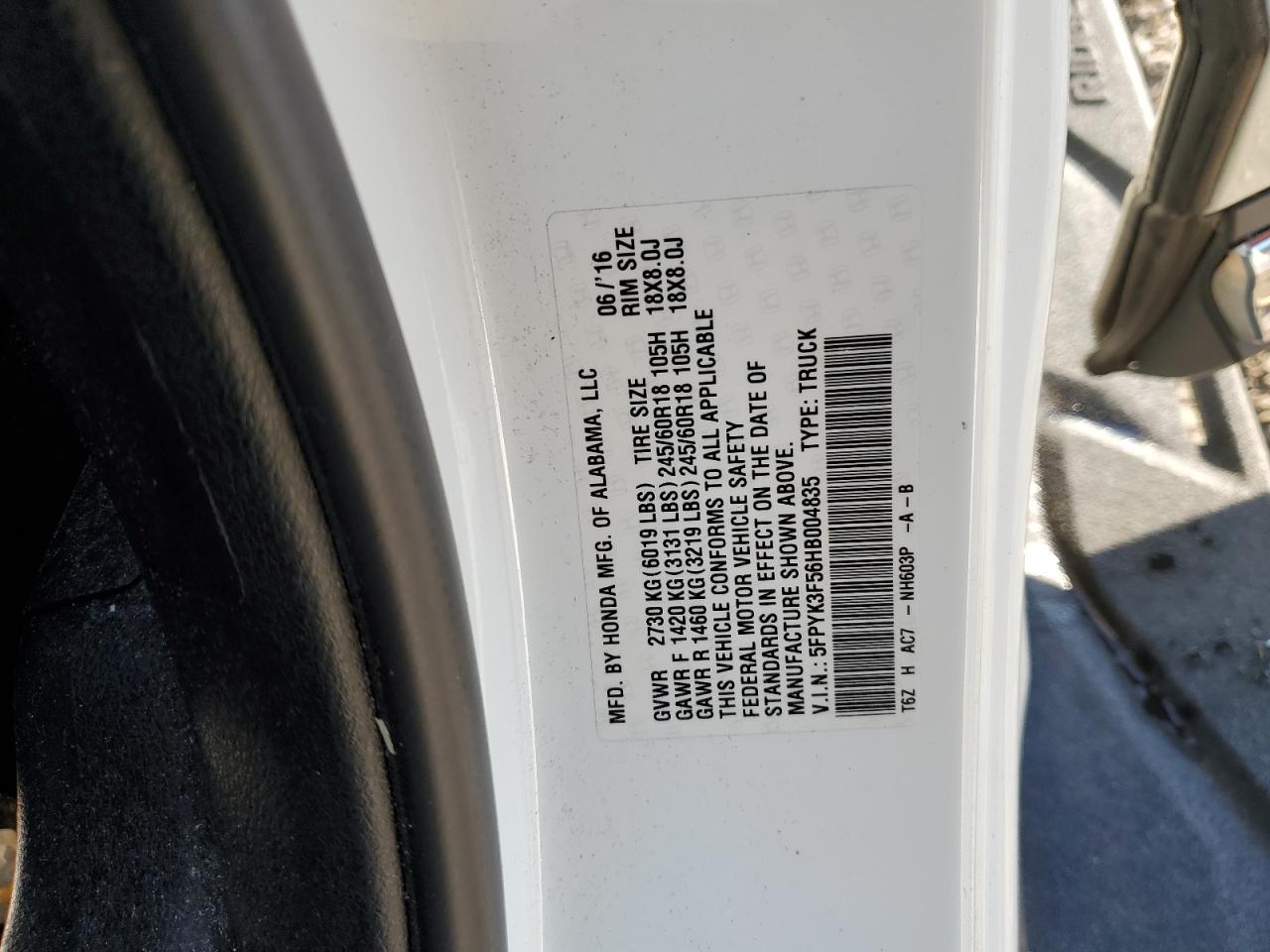 2017 Honda Ridgeline Rtl VIN: 5FPYK3F56HB004835 Lot: 90895595