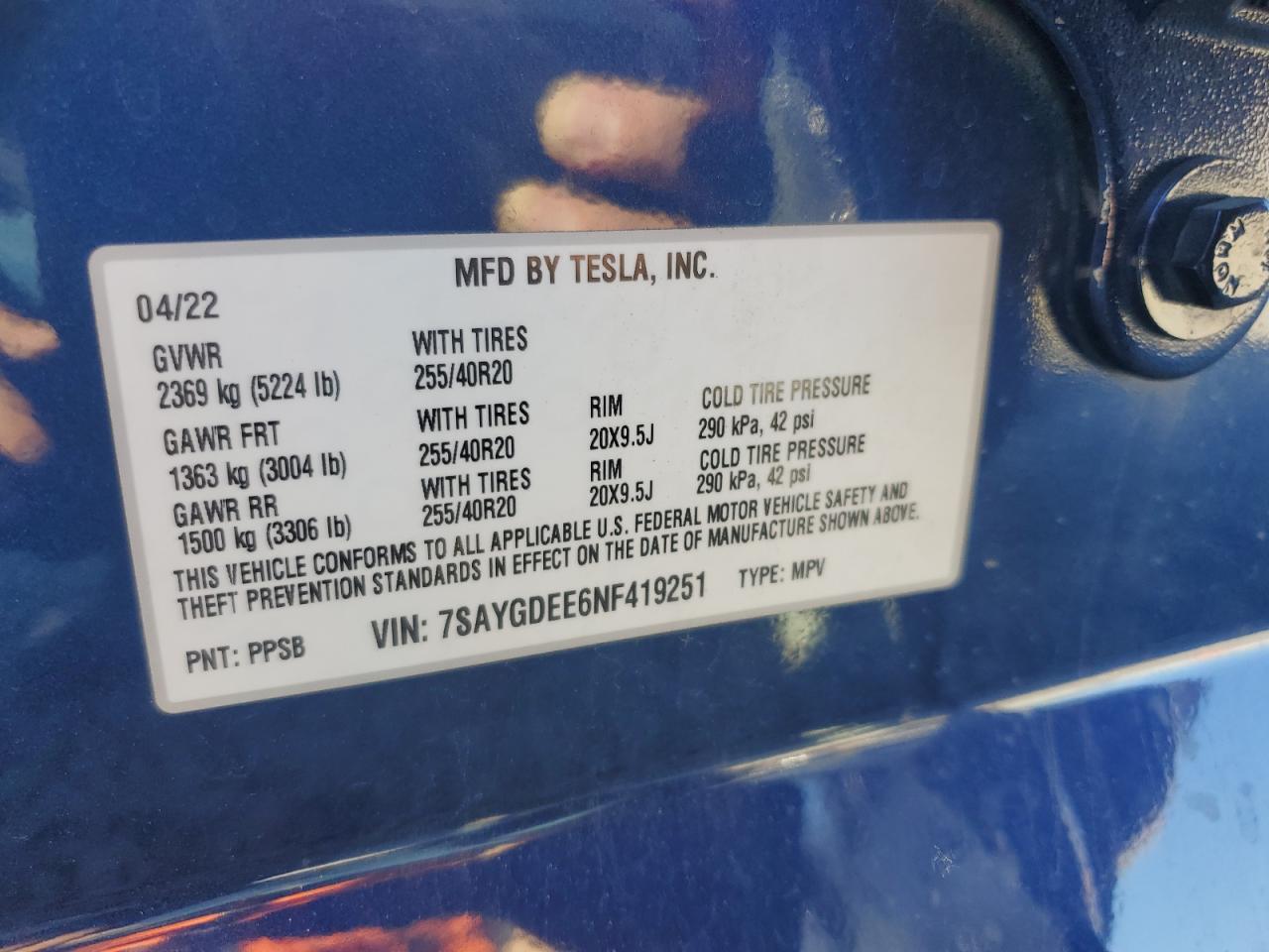 2022 Tesla Model Y VIN: 7SAYGDEE6NF419251 Lot: 84609775