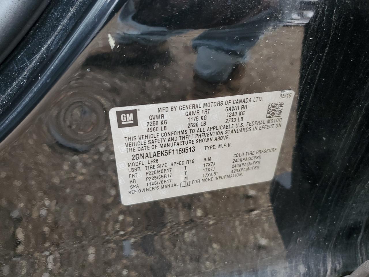 2015 Chevrolet Equinox Ls VIN: 2GNALAEK5F1169513 Lot: 82213215