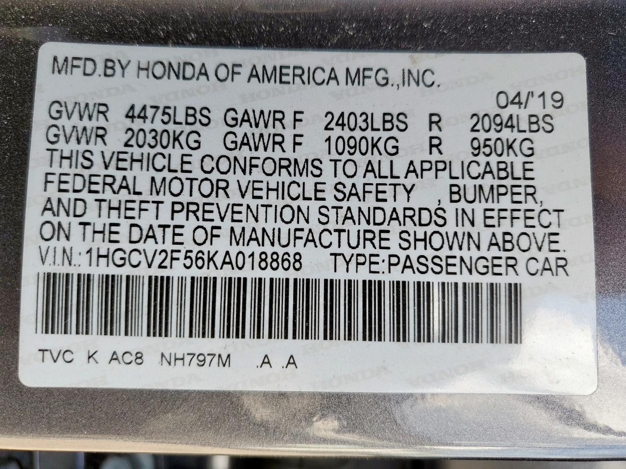 2019 Honda Accord Exl VIN: 1HGCV2F56KA018868 Lot: 85637705