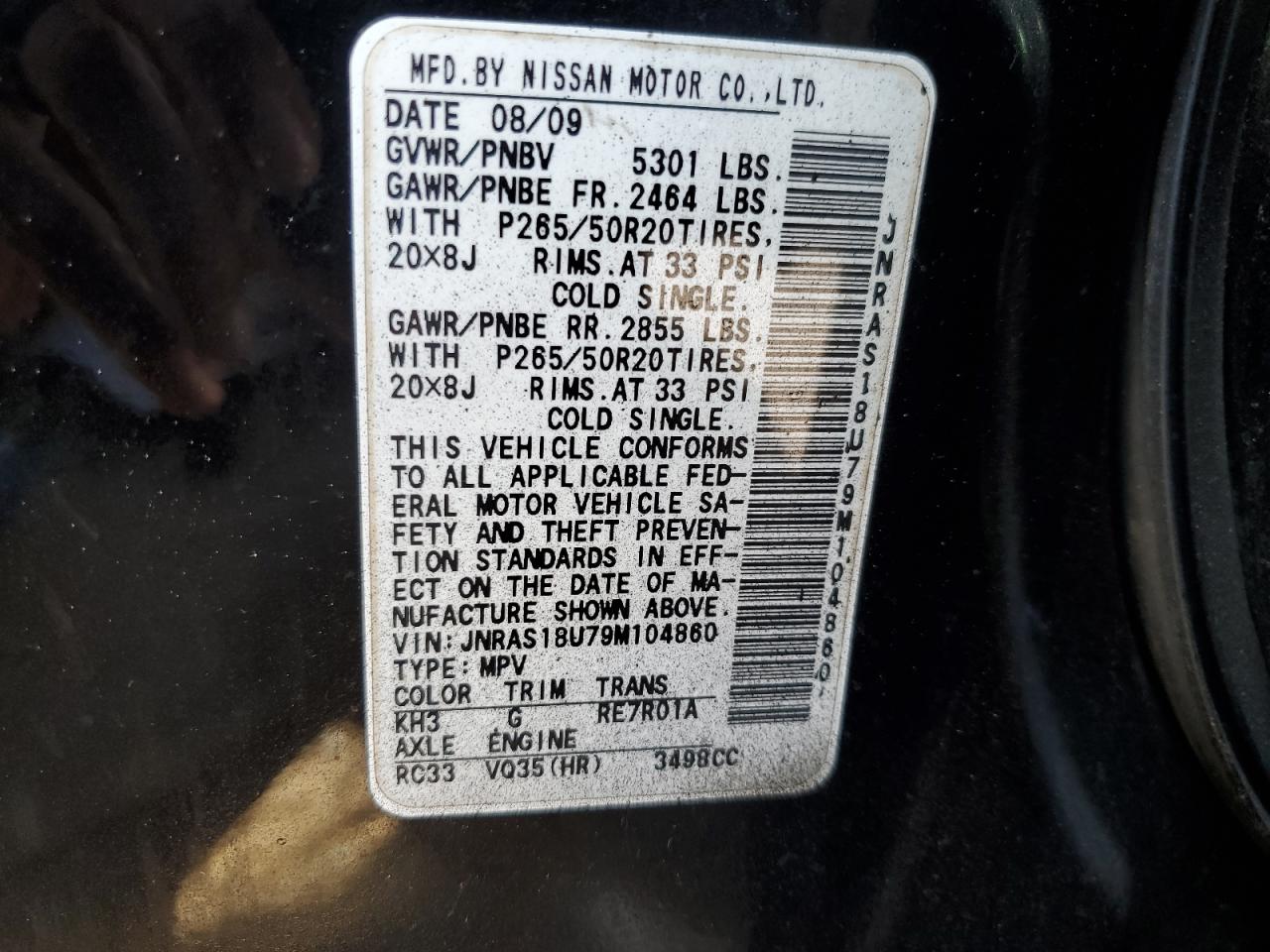 2009 Infiniti Fx35 VIN: JNRAS18U79M104860 Lot: 82206805