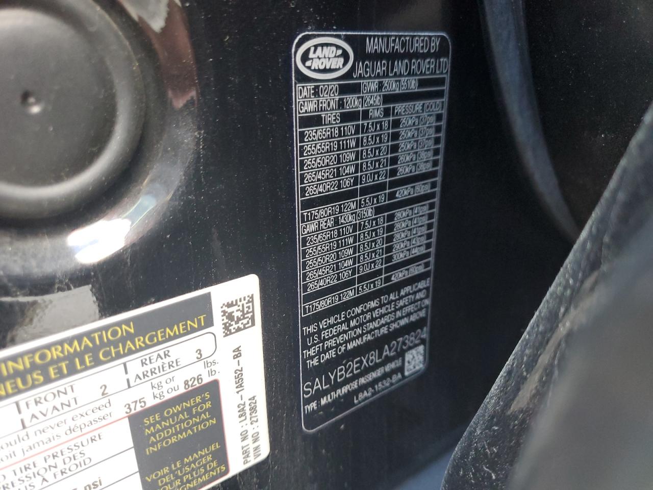 2020 Land Rover Range Rover Velar S VIN: SALYB2EX8LA273824 Lot: 87096485