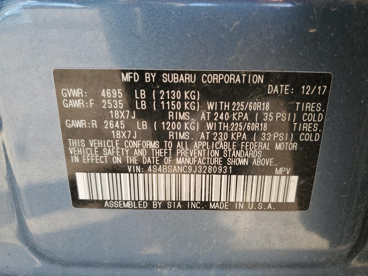 2018 Subaru Outback 2.5I Limited VIN: 4S4BSANC9J3280931 Lot: 82389135