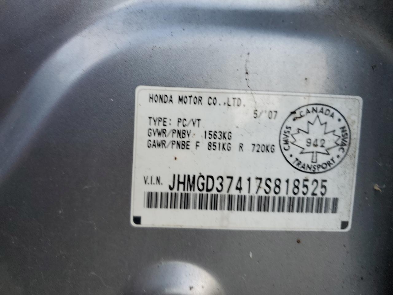 2007 Honda Fit VIN: JHMGD37417S818525 Lot: 85652845