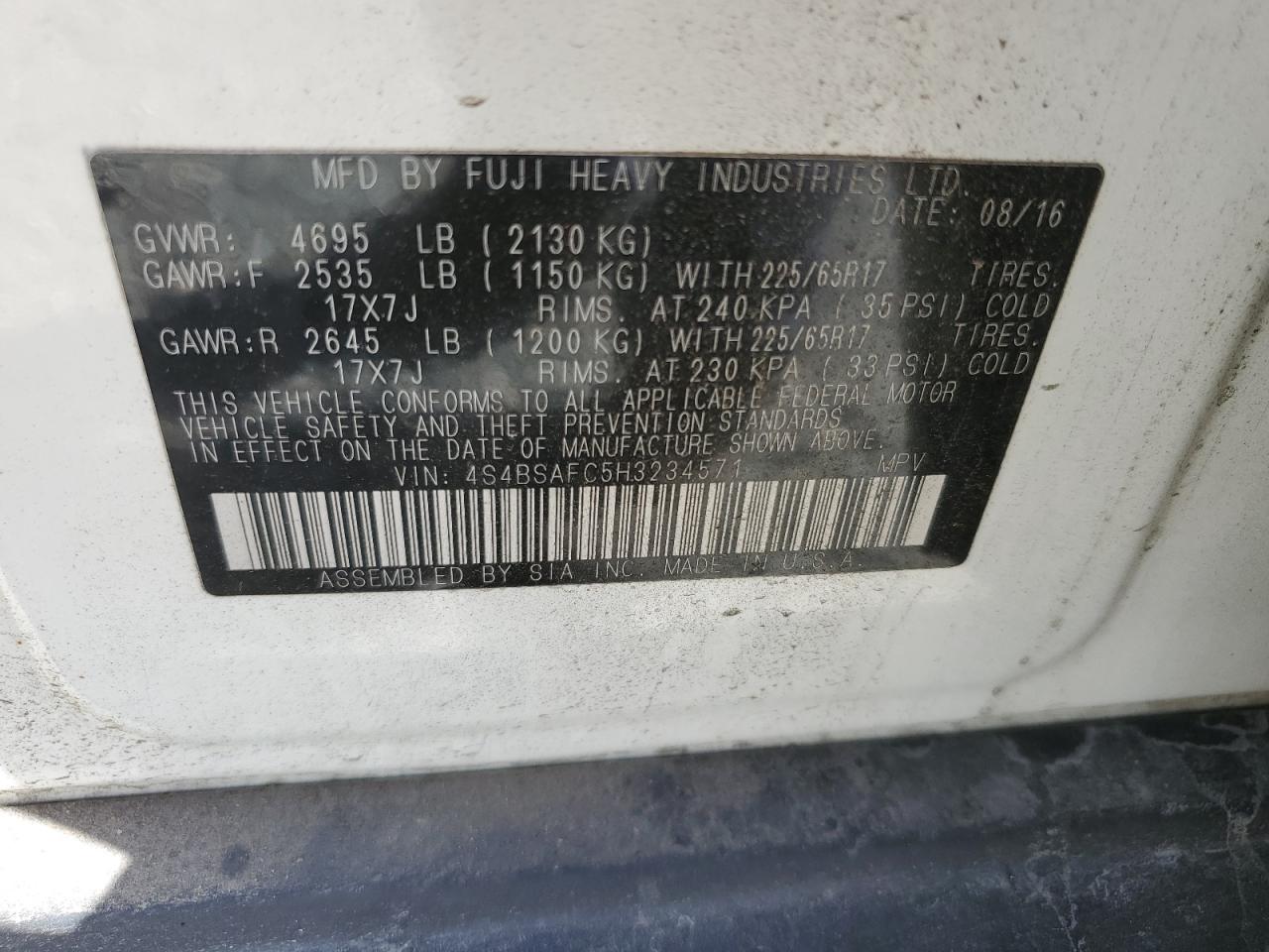 2017 Subaru Outback 2.5I Premium VIN: 4S4BSAFC5H3234571 Lot: 85199655