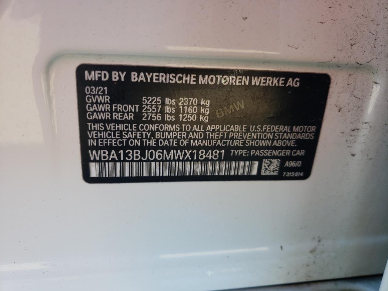 2021 BMW 530 Xi VIN: WBA13BJ06MWX18481 Lot: 84273335