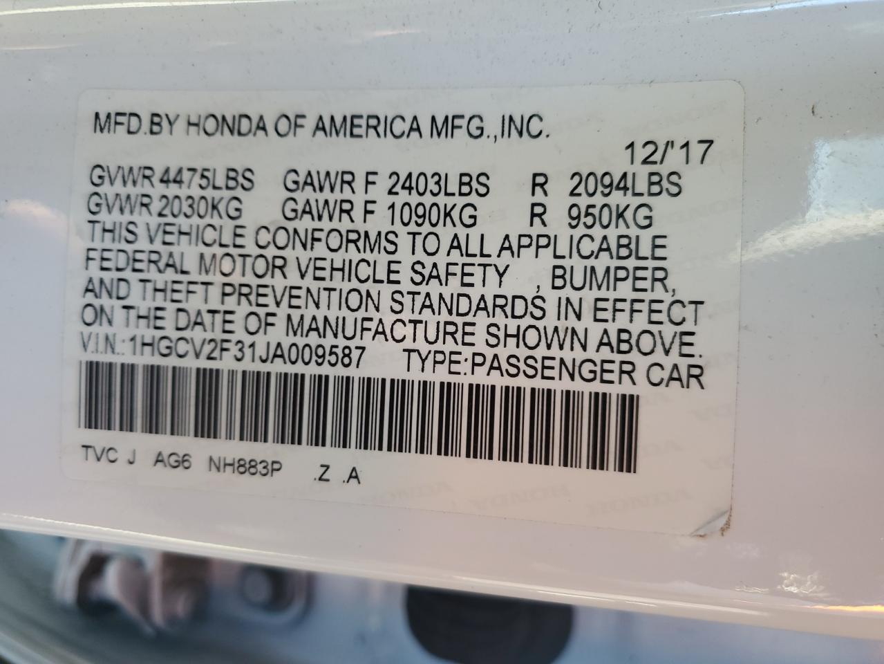 2018 Honda Accord Sport VIN: 1HGCV2F31JA009587 Lot: 85759155