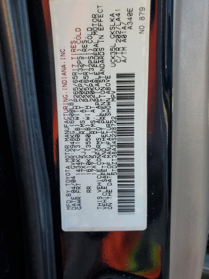 2004 Toyota Sequoia Limited VIN: 5TDZT38A34S228722 Lot: 85728865