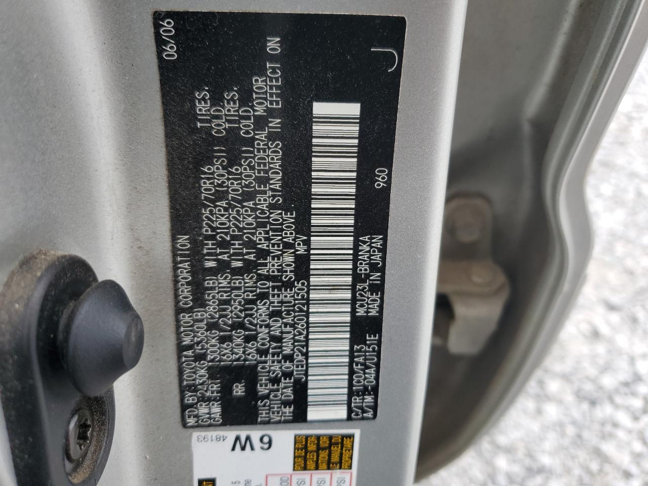 2006 Toyota Highlander Limited VIN: JTEDP21A260121505 Lot: 85375945