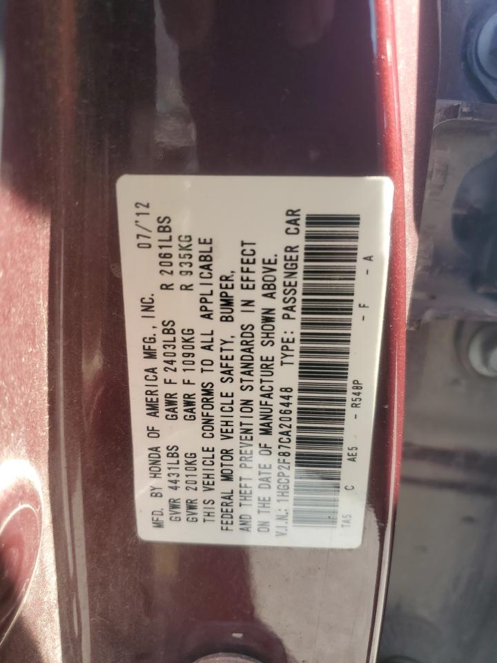 2012 Honda Accord Exl VIN: 1HGCP2F87CA206448 Lot: 84396845