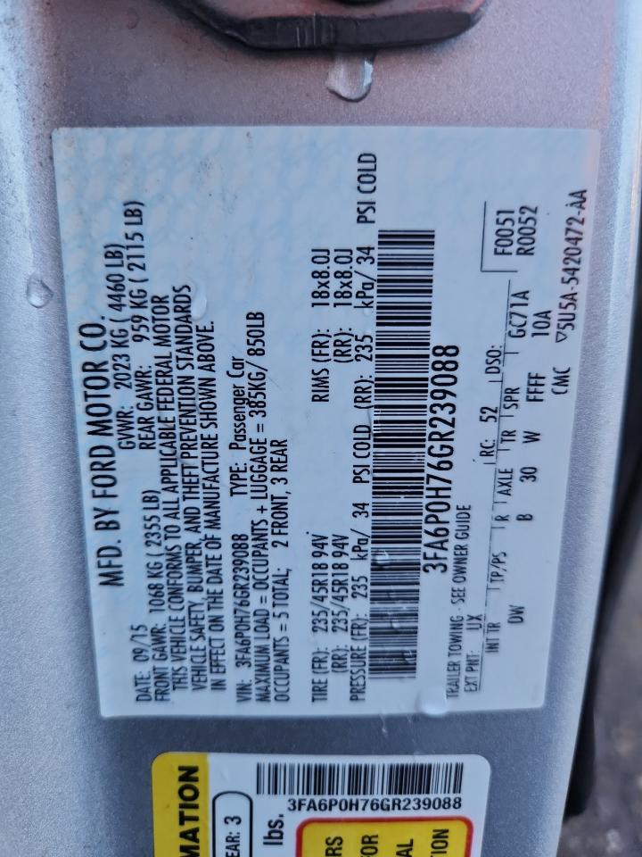 2016 Ford Fusion Se VIN: 3FA6P0H76GR239088 Lot: 84819515